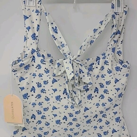 Blogilates Women's Bow Back Tank Top Cream & Blue Floral LARGE NWT - Picture 4 of 5